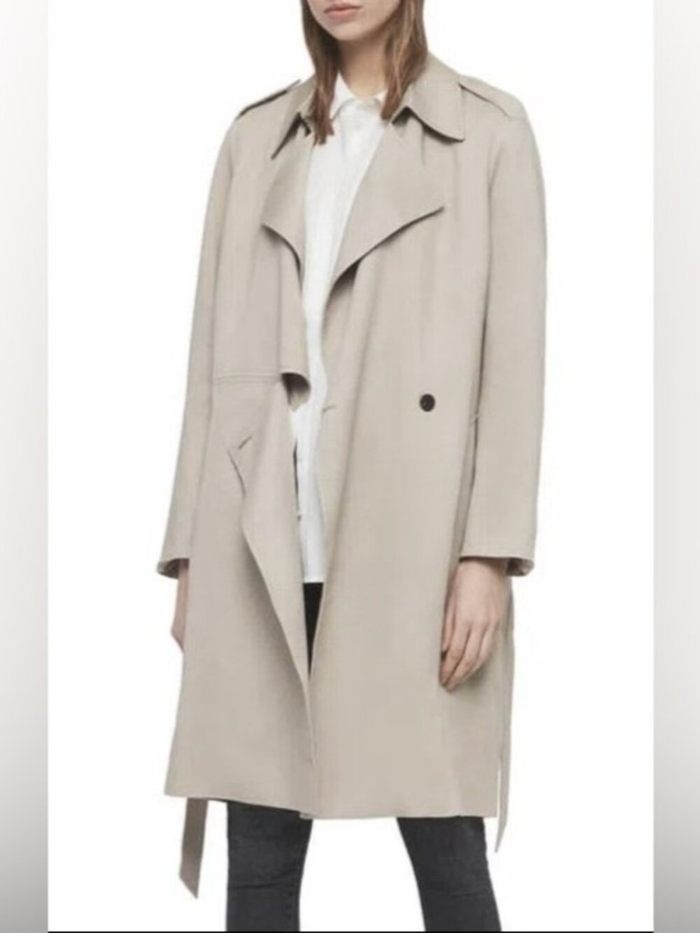 AllSaints Bexley Beige Draped Belted Trench Coat XS